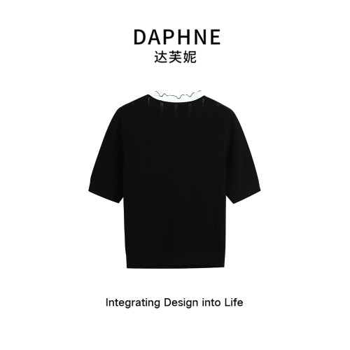 達芙妮/法式蝴蝶結花邊2025夏季短袖針織衫T恤女薄款修身上衣黑色