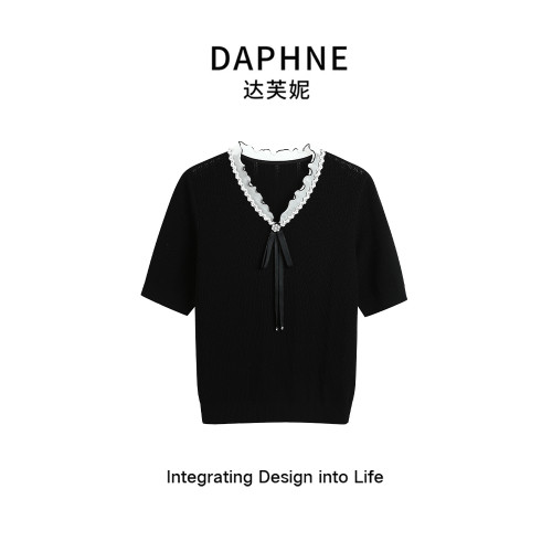 達芙妮/法式蝴蝶結花邊2025夏季短袖針織衫T恤女薄款修身上衣黑色