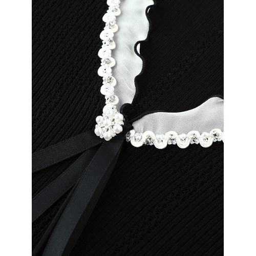 達芙妮/法式蝴蝶結花邊2025夏季短袖針織衫T恤女薄款修身上衣黑色