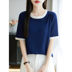 桑蠶絲羊毛~夏季冰感拼色圓領針織衫短袖半袖套頭上衣女打底衫