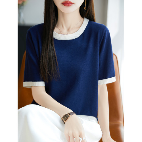 桑蠶絲羊毛~夏季冰感拼色圓領針織衫短袖半袖套頭上衣女打底衫
