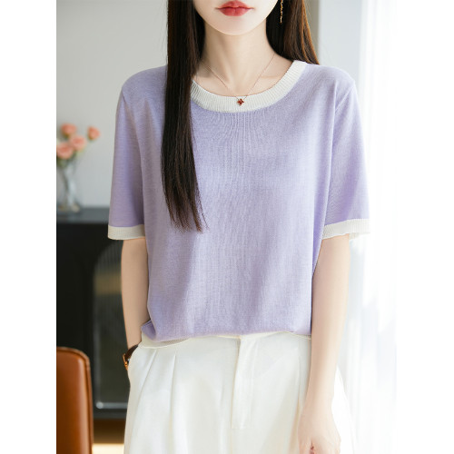 桑蠶絲羊毛~夏季冰感拼色圓領針織衫短袖半袖套頭上衣女打底衫