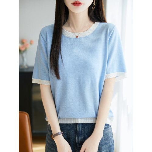 桑蠶絲羊毛~夏季冰感拼色圓領針織衫短袖半袖套頭上衣女打底衫