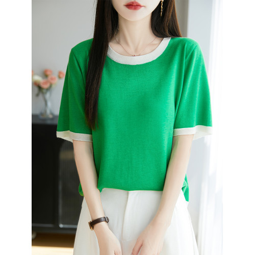 桑蠶絲羊毛~夏季冰感拼色圓領針織衫短袖半袖套頭上衣女打底衫