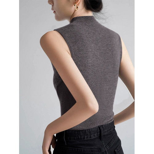 灰色高級感萊賽爾半高領上衣夏季新款修身顯瘦無袖背心針織打底衫