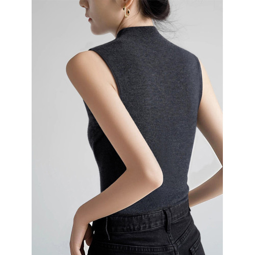 灰色高級感萊賽爾半高領上衣夏季新款修身顯瘦無袖背心針織打底衫