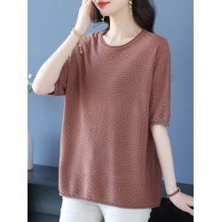 冰絲針織衫上衣女寬松薄款短袖Tr恤衫夏季媽媽裝加肥加大碼打底衫