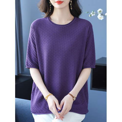 冰絲針織衫上衣女寬松薄款短袖Tr恤衫夏季媽媽裝加肥加大碼打底衫