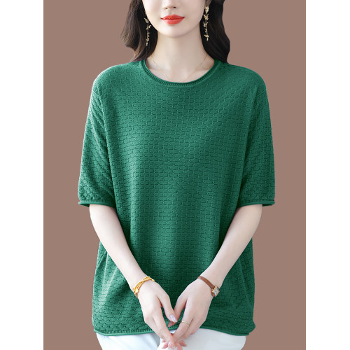 冰絲針織衫上衣女寬松薄款短袖Tr恤衫夏季媽媽裝加肥加大碼打底衫