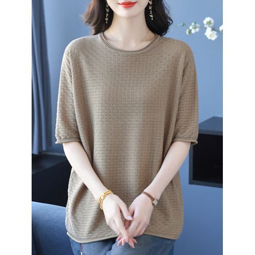 冰絲針織衫上衣女寬松薄款短袖Tr恤衫夏季媽媽裝加肥加大碼打底衫