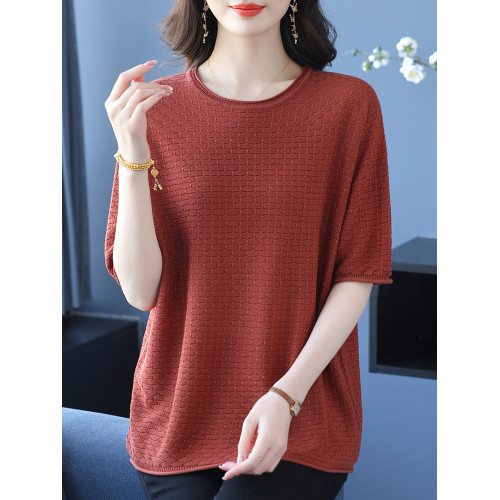 冰絲針織衫上衣女寬松薄款短袖Tr恤衫夏季媽媽裝加肥加大碼打底衫