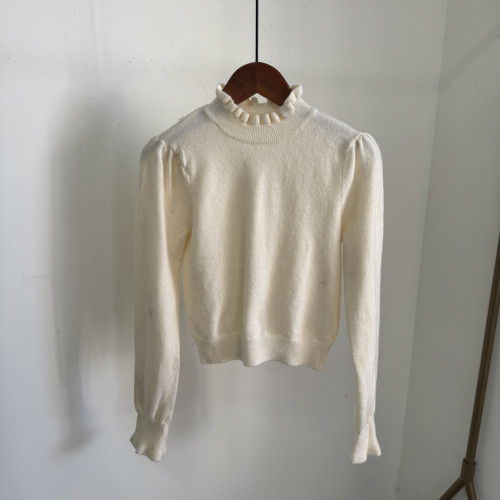 菀系列剪標微瑕白色花邊半高領打底衫復古燈籠袖針織毛衣女W147