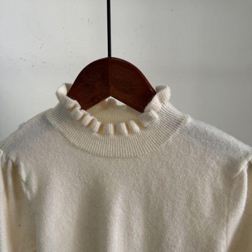 菀系列剪標微瑕白色花邊半高領打底衫復古燈籠袖針織毛衣女W147