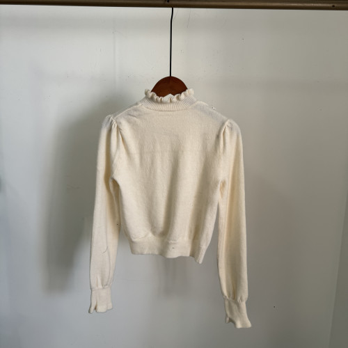 菀系列剪標微瑕白色花邊半高領打底衫復古燈籠袖針織毛衣女W147