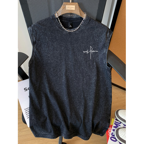 JIAF夏季休閒百搭寬松無袖背心做舊純棉T恤痞帥氣青少年運動上衣