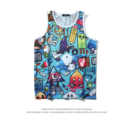 夏季薄款冰絲汗背心男士女休閒圓領運動健身坎肩印花無袖套頭青年