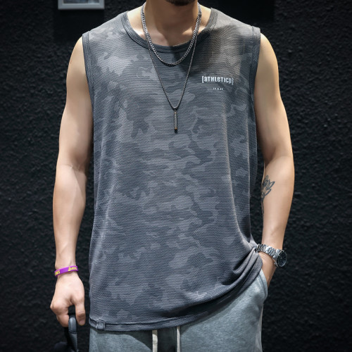 夏季速乾冰絲無袖背心男寬松坎肩運動健身寬肩舒適透氣t恤潮薄款