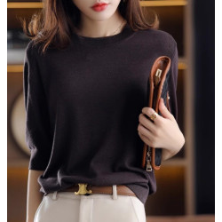 五分袖針織衫女2025春秋新款復古優雅寬松大碼中袖上衣圓領打底衫