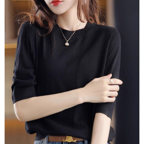 五分袖針織衫女2025春秋新款復古優雅寬松大碼中袖上衣圓領打底衫