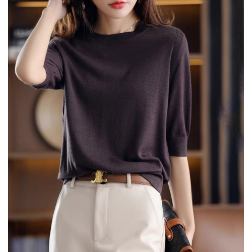 五分袖針織衫女2025春秋新款復古優雅寬松大碼中袖上衣圓領打底衫