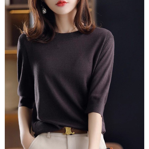 五分袖針織衫女2025春秋新款復古優雅寬松大碼中袖上衣圓領打底衫