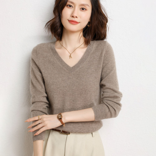 秋冬V領羊絨衫女100%純山羊絨修身套頭毛衣雞心領純色針織打底衫