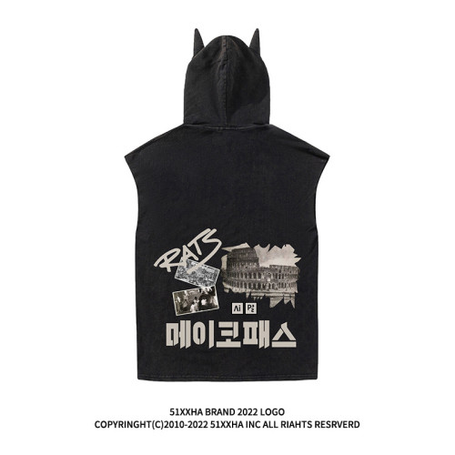 vintage復古年代懷舊印花連帽背心男款夏季hiphop運動健身無袖T恤