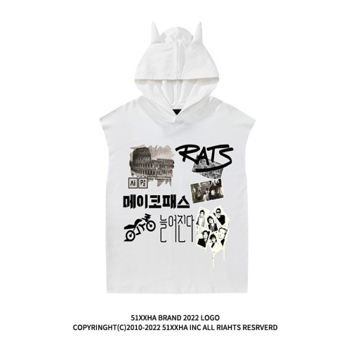 vintage復古年代懷舊印花連帽背心男款夏季hiphop運動健身無袖T恤