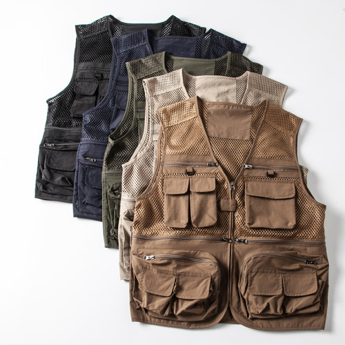 春夏薄款鏤空戶外休閒多口袋釣魚背心攝影工裝速乾馬夾坎肩外套