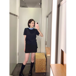 COS風2024春夏新款氣質圓領撞色短袖針織衫上衣女寬松小衆打底衫