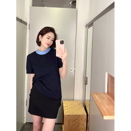 COS風2024春夏新款氣質圓領撞色短袖針織衫上衣女寬松小衆打底衫