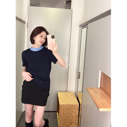 COS風2024春夏新款氣質圓領撞色短袖針織衫上衣女寬松小衆打底衫