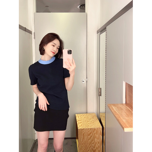 COS風2024春夏新款氣質圓領撞色短袖針織衫上衣女寬松小衆打底衫