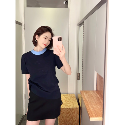 COS風2024春夏新款氣質圓領撞色短袖針織衫上衣女寬松小衆打底衫