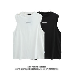 51嘻哈歐美創意別針裝飾黑色運動無袖T恤男潮牌寬松健身背心外穿