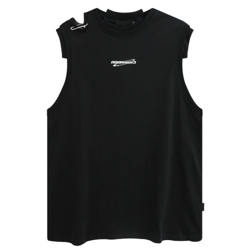 51嘻哈歐美創意別針裝飾黑色運動無袖T恤男潮牌寬松健身背心外穿