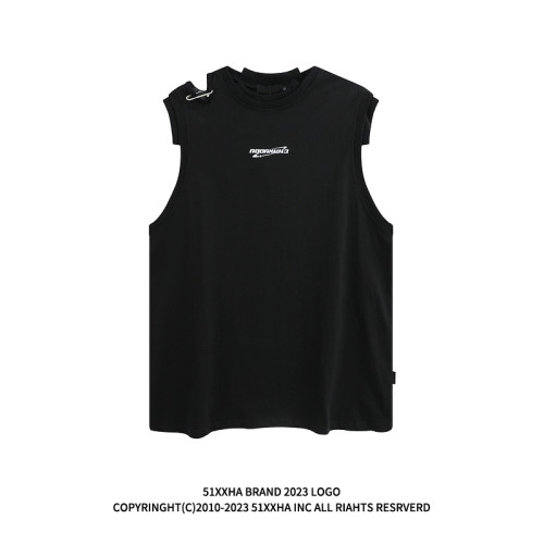 51嘻哈歐美創意別針裝飾黑色運動無袖T恤男潮牌寬松健身背心外穿