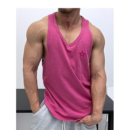 質感好面料！透氣竹節棉刺綉純棉寬松背心無袖T恤修身肌肉男顯壯