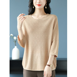 中年媽媽裝春夏上衣女桑蠶絲七分袖寬松特大碼冰絲針織圓領打底衫