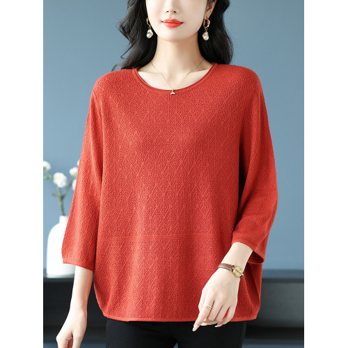 中年媽媽裝春夏上衣女桑蠶絲七分袖寬松特大碼冰絲針織圓領打底衫