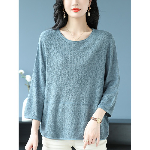 中年媽媽裝春夏上衣女桑蠶絲七分袖寬松特大碼冰絲針織圓領打底衫