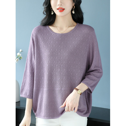 中年媽媽裝春夏上衣女桑蠶絲七分袖寬松特大碼冰絲針織圓領打底衫