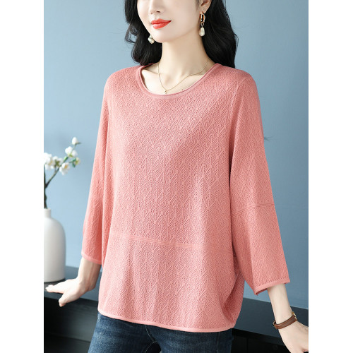 中年媽媽裝春夏上衣女桑蠶絲七分袖寬松特大碼冰絲針織圓領打底衫
