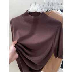 春秋2025新款別致半高領中袖針織打底衫上衣女寬松高級感灰色毛衣