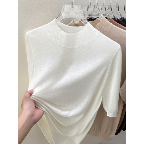 春秋2025新款別致半高領中袖針織打底衫上衣女寬松高級感灰色毛衣