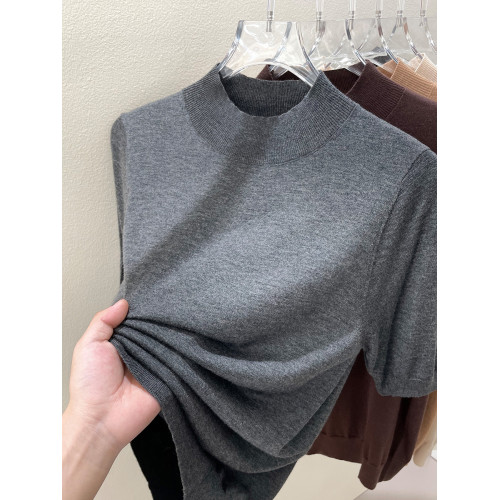 春秋2025新款別致半高領中袖針織打底衫上衣女寬松高級感灰色毛衣