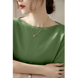 法式一字肩上衣高級感冰絲針織衫T恤女夏季2025新款綠色中袖上衣