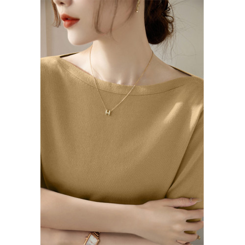 法式一字肩上衣高級感冰絲針織衫T恤女夏季2025新款綠色中袖上衣