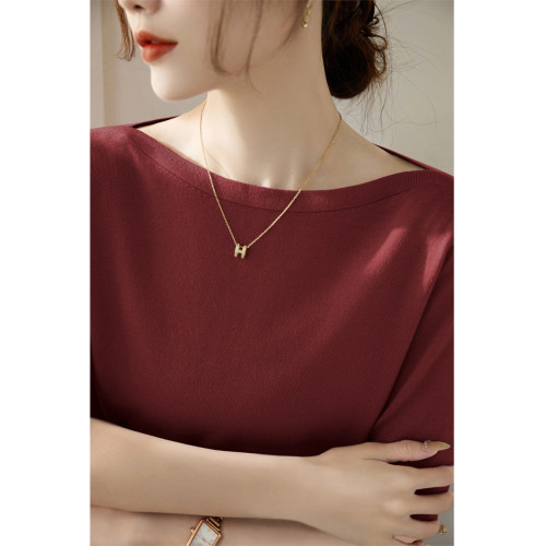 法式一字肩上衣高級感冰絲針織衫T恤女夏季2025新款綠色中袖上衣