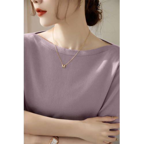 法式一字肩上衣高級感冰絲針織衫T恤女夏季2025新款綠色中袖上衣